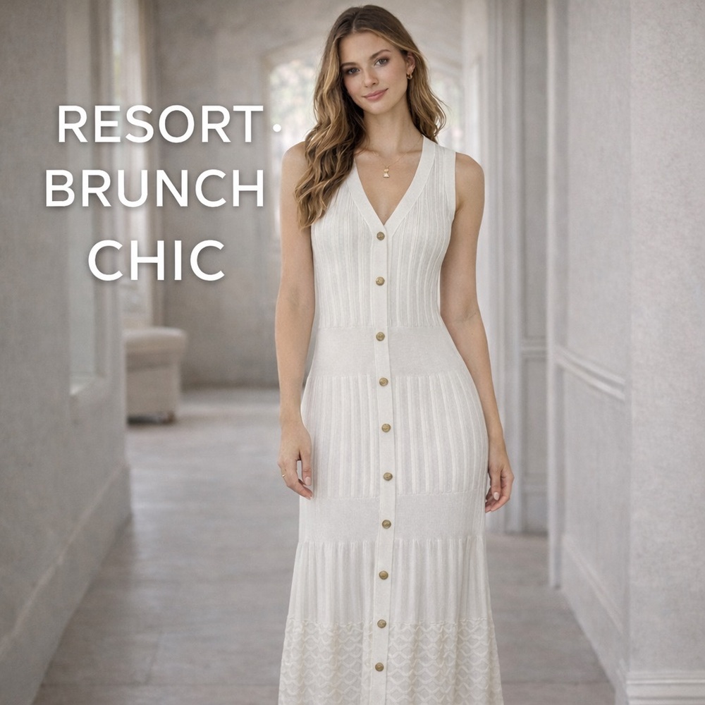 Tahari Cream Sleeveless Metal Button Accent Bodycon Textured Dress Medium